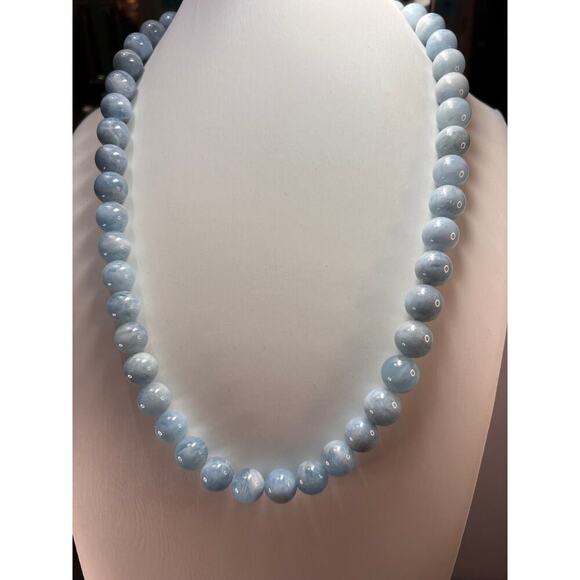 11mm Aquamarine beaded necklace with sterling silver clasp - Picture 1 of 11